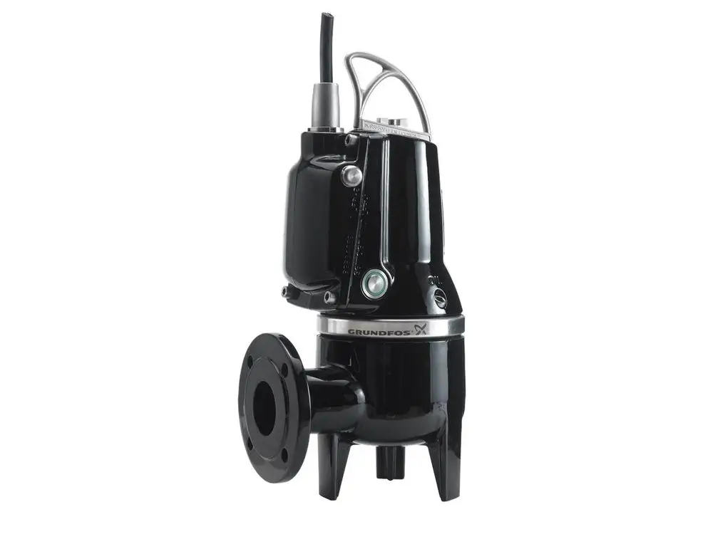 Schwarze Tauchmotorpumpe von Grundfos mit seitlichem Anschluss, konzipiert für den Einsatz in Wasserversorgungssystemen.